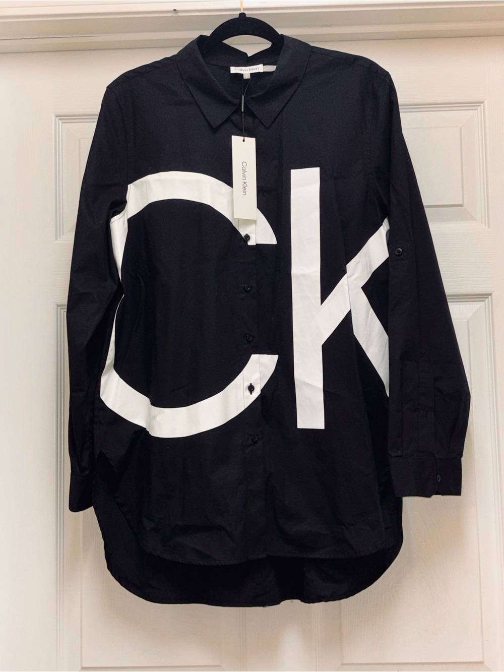 Calvin Klein Black Button-Up Shirt Jwith White CK Logo.